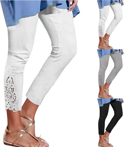 Aniywn White Capri Leggings for Women High Waisted Floral Lace Stitching Leggings Stretch Soft Cropped Capris Pants Plus Size in Kuwait