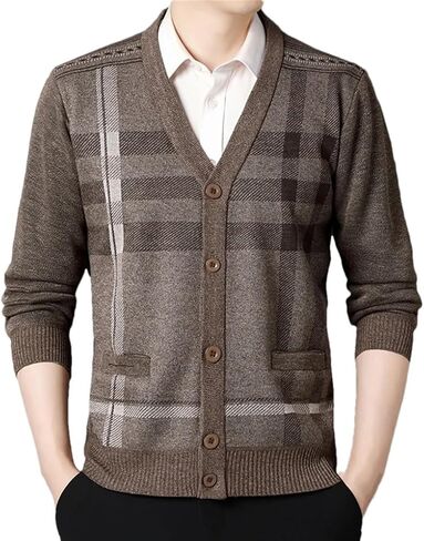 Men's Retro Knitted Cardigan Sweater with Solid Color Plaid Splicing and Casual Button Cardigan Jacket in Saudi Arabia