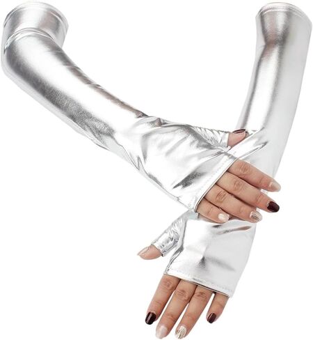 Shiny Metallic PU Leather Fingerless Gloves Silver Long Half Palm Rock Stage Gloves Stretchy Gothic Punk Dress Up Arm Warmer Arm Sleeves for Women Girls Halloween Costume Party Cosplay in Saudi Arabia