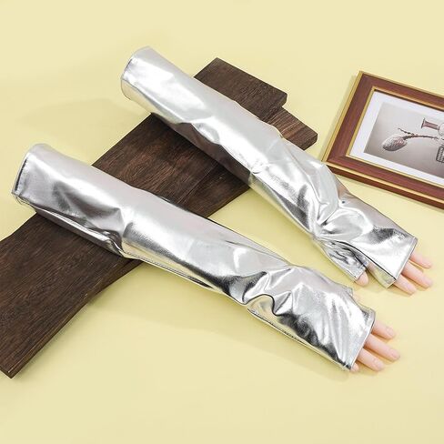 Shiny Metallic PU Leather Fingerless Gloves Silver Long Half Palm Rock Stage Gloves Stretchy Gothic Punk Dress Up Arm Warmer Arm Sleeves for Women Girls Halloween Costume Party Cosplay in Saudi Arabia