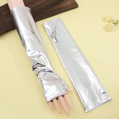 Shiny Metallic PU Leather Fingerless Gloves Silver Long Half Palm Rock Stage Gloves Stretchy Gothic Punk Dress Up Arm Warmer Arm Sleeves for Women Girls Halloween Costume Party Cosplay in Saudi Arabia