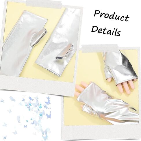Shiny Metallic PU Leather Fingerless Gloves Silver Long Half Palm Rock Stage Gloves Stretchy Gothic Punk Dress Up Arm Warmer Arm Sleeves for Women Girls Halloween Costume Party Cosplay in Saudi Arabia