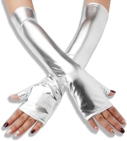 Shiny Metallic PU Leather Fingerless Gloves Silver Long Half Palm Rock Stage Gloves Stretchy Gothic Punk Dress Up Arm Warmer Arm Sleeves for Women Girls Halloween Costume Party Cosplay in Saudi Arabia