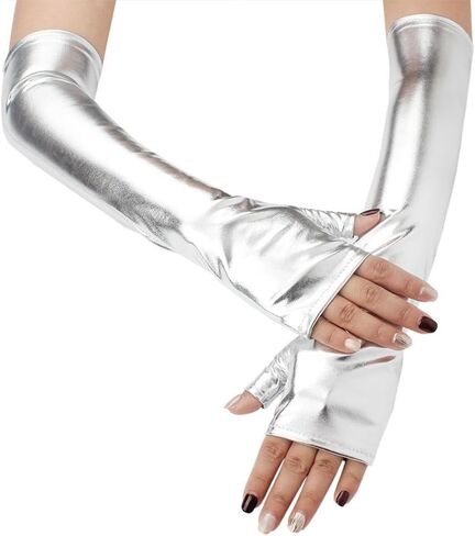 Shiny Metallic PU Leather Fingerless Gloves Silver Long Half Palm Rock Stage Gloves Stretchy Gothic Punk Dress Up Arm Warmer Arm Sleeves for Women Girls Halloween Costume Party Cosplay in Saudi Arabia