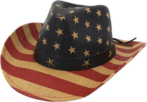Logofun American Flag Cowboy Hat قشة غربية مع حمراء الكاكي الحمراء للرجال استقلال النساء يوم الرابع من يوليو in Kuwait