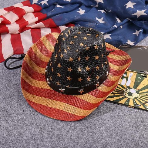 Logofun American Flag Cowboy Hat قشة غربية مع حمراء الكاكي الحمراء للرجال استقلال النساء يوم الرابع من يوليو in Kuwait