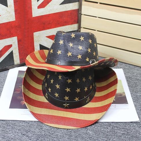 Logofun American Flag Cowboy Hat قشة غربية مع حمراء الكاكي الحمراء للرجال استقلال النساء يوم الرابع من يوليو in Kuwait