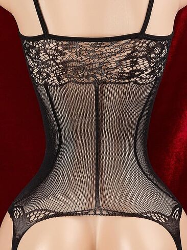 Black Sheer Fishnet Bodystocking Mesh Bodysuit for Women Attached Stockings Crotchless One Size in Kuwait