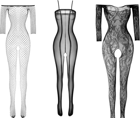 Black Sheer Fishnet Bodystocking Mesh Bodysuit for Women Attached Stockings Crotchless One Size in Kuwait