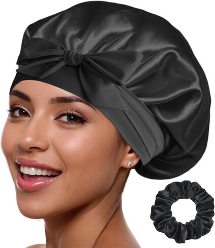 Silk Bonnet 100% Mulberry Silk Sleep Cap Breathable & Adjustable Sleeping Caps Silk Hair Wrap Women Night Cap for Curly Hair (Black) in Saudi Arabia