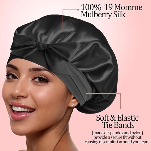 Silk Bonnet 100% Mulberry Silk Sleep Cap Breathable & Adjustable Sleeping Caps Silk Hair Wrap Women Night Cap for Curly Hair (Black) in Saudi Arabia