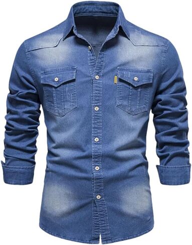 Men's Collar Single Breasted Long Sleeved Denim Shirt Solid Color Casual Slim Fit Denim Jacket in Saudi Arabia