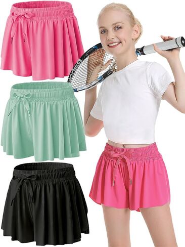 MODERN ASIR 3 Pack Girls Flowy Shorts with Spandex Liner 2-in-1 Youth Butterfly Skirts for Fitness, Running, Sports in Saudi Arabia