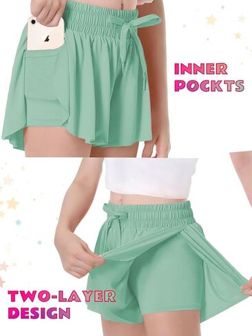 MODERN ASIR 3 Pack Girls Flowy Shorts with Spandex Liner 2-in-1 Youth Butterfly Skirts for Fitness, Running, Sports in Saudi Arabia