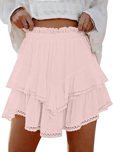 Lepunuo Boho Shorts for Women High Waisted Ruffle Tiered Flowy Skirts with Shorts Underneath Western Skorts in Kuwait