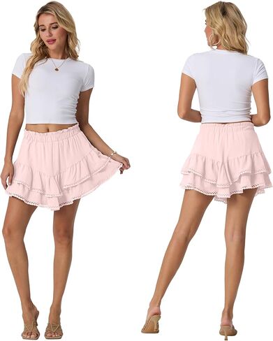 Lepunuo Boho Shorts for Women High Waisted Ruffle Tiered Flowy Skirts with Shorts Underneath Western Skorts in Kuwait