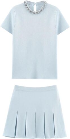 Women Rhinestones Crew Neck Knit Top Wide Fold Mini Skirt Set Solid Pullover Shirt Elastic Waist Skirts in Saudi Arabia