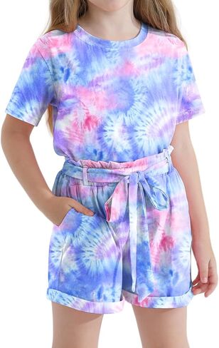 Girls Clothes Two Piece Tie Dye Summer Vacation Outfits Clothing Shirt and Shorts Matching Sets for Girls 4-13 Years in Kuwait