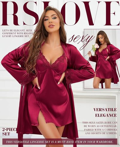 مجموعة ملابس الساتان النسائية RSLOVE - 2 قطعة من الدانتيل كامي كامي والرداء طويل الأكمام من بيجامات الحرير للنساء للنساء in Saudi Arabia