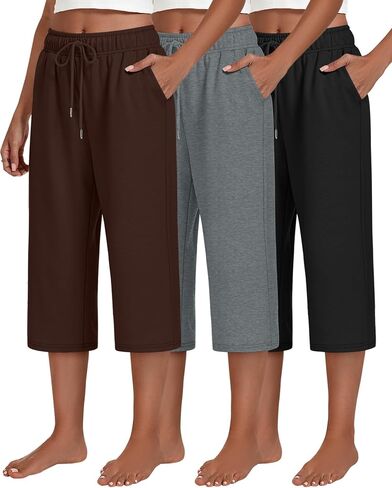Neer 3 Pack Women's Capri Pants, Drawstring Wide Leg Crop Lounge Sweatpants Summer Yoga Casual Cropped Pants with Pocket in Saudi Arabia