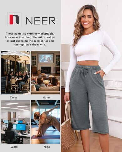 Neer 3 Pack Women's Capri Pants, Drawstring Wide Leg Crop Lounge Sweatpants Summer Yoga Casual Cropped Pants with Pocket in Saudi Arabia