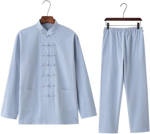 Men's Cotton Hemp Kung fu Suit Chinese Long-Sleeved Shirt and Trousers Suit(D,XLcode) in Kuwait