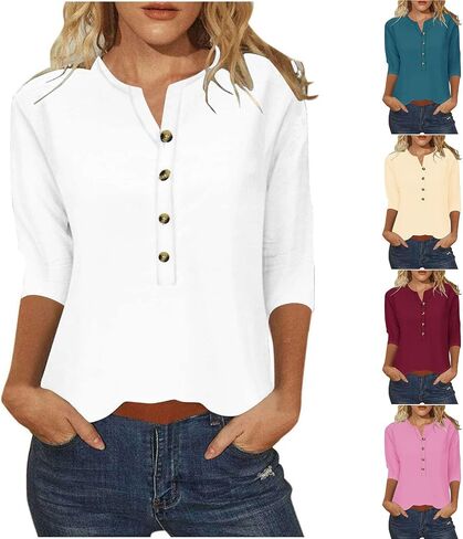 3/4 Sleeve Henley Shirts for Women 3/4 Length Sleeve Womens Tops Button Down Summer Henley Neck T Shirts Blouse Tees in Saudi Arabia