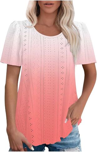 Womens Puff Short Sleeve Eyelet Tops Summer Dressy Casual Shirts Elegant Business Office Ladies Blouses Soft Tshirts in Kuwait