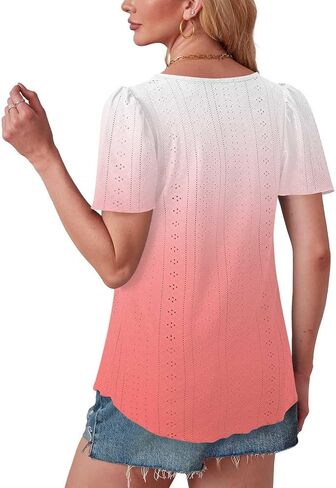 Womens Puff Short Sleeve Eyelet Tops Summer Dressy Casual Shirts Elegant Business Office Ladies Blouses Soft Tshirts in Kuwait