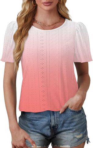 Womens Puff Short Sleeve Eyelet Tops Summer Dressy Casual Shirts Elegant Business Office Ladies Blouses Soft Tshirts in Kuwait