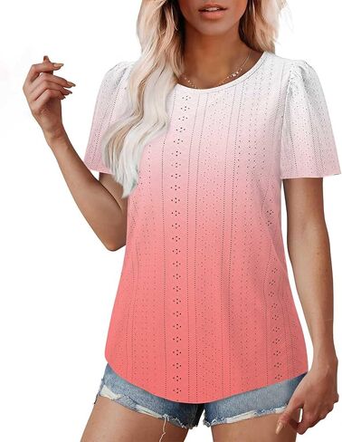 Womens Puff Short Sleeve Eyelet Tops Summer Dressy Casual Shirts Elegant Business Office Ladies Blouses Soft Tshirts in Kuwait