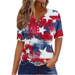 Womens v Neck 4th of July Shirt American Pride Shirt Short USA Red White Blue Star Stripes Henley Tops Tees Tees in Kuwait