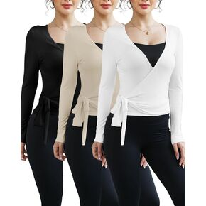 3 Pack Women Ballet Pilates Wrap Tops Y2K Workout Yoga Wrap Shirts Dance Long Sleeve Tie Front Crop Going Out Tops in Kuwait