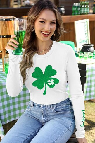 For G and PL Women St. Patrick's Day Crewneck Long Sleeve Shirt Shamrock Slim Fitted Ribbed Crop Top in Saudi Arabia