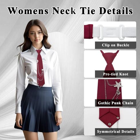 Womens Tie with Punk Chain, Adjustable Pre-Tied Ties for Women Girls Necktie for School Uniform Shirt Blouse in Kuwait