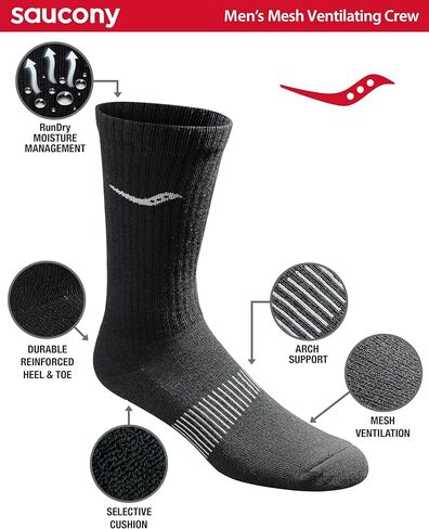Saucony Men's Mesh Ventilating Comfort Fit Performance Crew Socks, 3, 6, 12, L-XL, Black Solid Foot (3 Pairs), Black Grey Foot (3 Pairs) in Kuwait