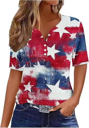 Womens v Neck 4th of July Shirt American Pride Shirt Short USA Red White Blue Star Stripes Henley Tops Tees Tees in Kuwait