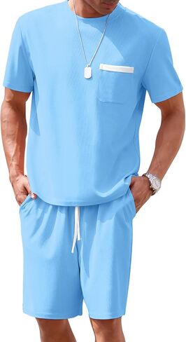OLEMEK Men's 2 Piece Outfits Waffle Knit Shirt and Shorts Set Short Sleeve Tracksuits Athletic Casual Summer Outfit in Kuwait