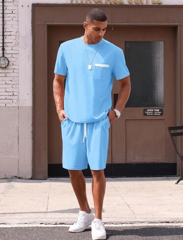 OLEMEK Men's 2 Piece Outfits Waffle Knit Shirt and Shorts Set Short Sleeve Tracksuits Athletic Casual Summer Outfit in Kuwait