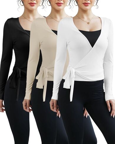 3 Pack Women Ballet Pilates Wrap Tops Y2K Workout Yoga Wrap Shirts Dance Long Sleeve Tie Front Crop Going Out Tops in Kuwait
