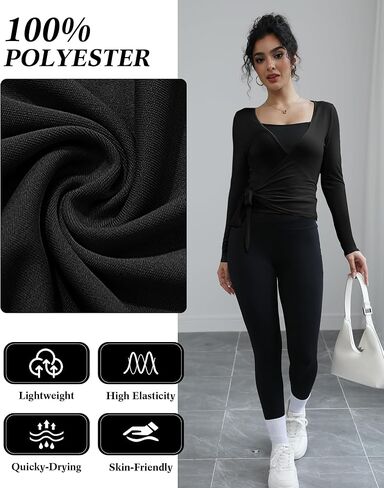 3 Pack Women Ballet Pilates Wrap Tops Y2K Workout Yoga Wrap Shirts Dance Long Sleeve Tie Front Crop Going Out Tops in Kuwait