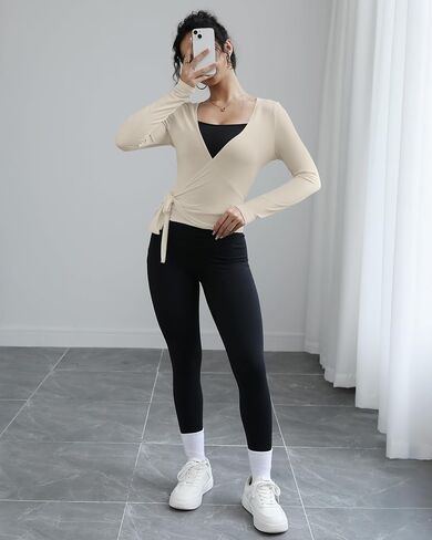 3 Pack Women Ballet Pilates Wrap Tops Y2K Workout Yoga Wrap Shirts Dance Long Sleeve Tie Front Crop Going Out Tops in Kuwait