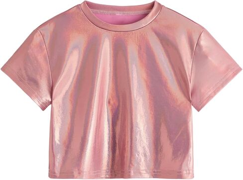 Verdusa Toddler Girl's Metallic Drop Shoulder Short Sleeve Round Neck Crop Tee Top Silver 7Y in Saudi Arabia