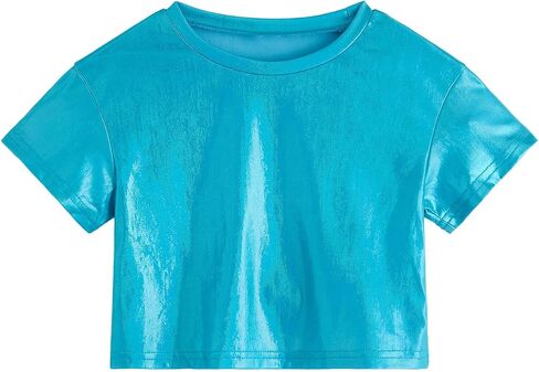 Verdusa Toddler Girl's Metallic Drop Shoulder Short Sleeve Round Neck Crop Tee Top Silver 7Y in Saudi Arabia