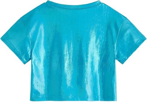 Verdusa Toddler Girl's Metallic Drop Shoulder Short Sleeve Round Neck Crop Tee Top Silver 7Y in Saudi Arabia