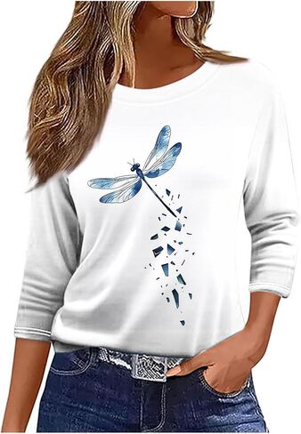 Womens Tops Dressy Casual Crew Neck Pullover 3/4 Length Sleeve Tunic Tops Retro Cute Graphic Tees Cotton Fall Clothes in Saudi Arabia
