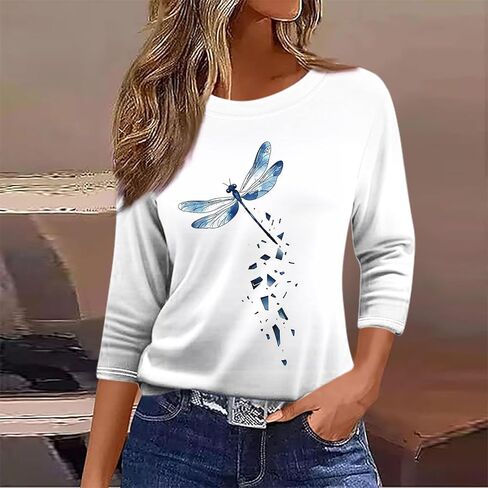 Womens Tops Dressy Casual Crew Neck Pullover 3/4 Length Sleeve Tunic Tops Retro Cute Graphic Tees Cotton Fall Clothes in Saudi Arabia