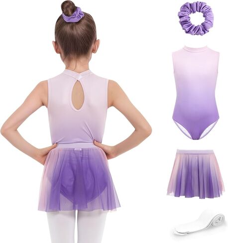 JiAmy Girls Ballet Leotards 4 Pcs with Removable Skirt Gradient Color Dance Dress Outfit Combo Tights Scrunchy 4-12Y in Saudi Arabia