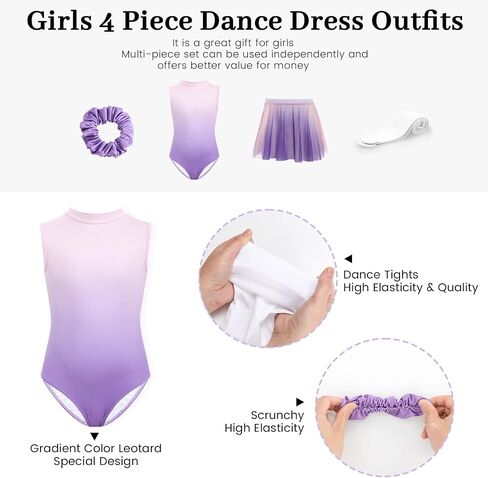 JiAmy Girls Ballet Leotards 4 Pcs with Removable Skirt Gradient Color Dance Dress Outfit Combo Tights Scrunchy 4-12Y in Saudi Arabia