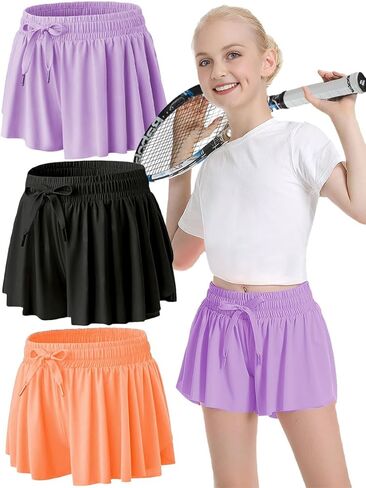 MODERN ASIR 3 Pack Girls Flowy Shorts with Spandex Liner 2-in-1 Youth Butterfly Skirts for Fitness, Running, Sports in Saudi Arabia